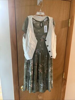 Knitworks Olive Green Floral Dress with White Vest - 2 Piece Set